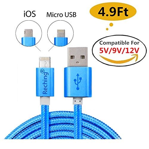RECHING 2 in 1 Lightning Cable 8Pin+Micro USB Charger Sync For iPhone Samsung Charger With 4.9Feet(1.5Meters) Nylon Braided Compatible For 5V/9V/12V Charger (Blue)