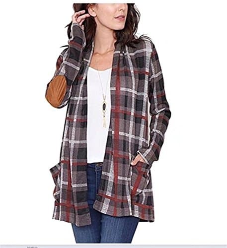GOCHIC Women's Short Plaid Print Long Sleeve Elbow Patch Draped Cardigan with Pockets Coffee XXL