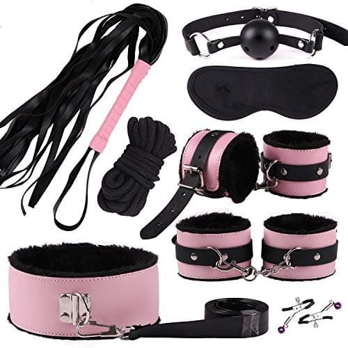 8 pcs/Set Nylon Leather Suit Special Bundled Binding Set Couple Flirting SM Alternative Bundled Binding Set Bundle Leg Ankles and Wrists for Men and Women Passionate Moments (Black-pink)