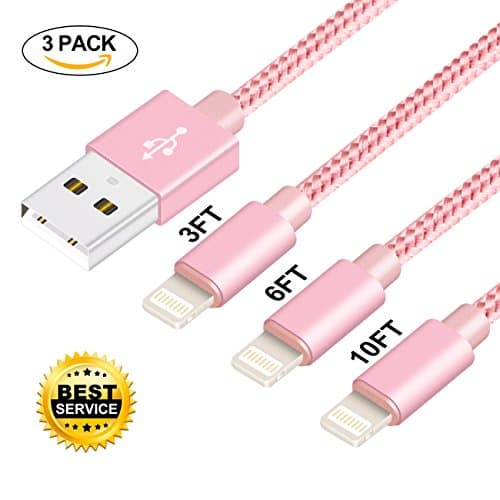 Manyi 1 Charger Lightning Cable 3Pack 3FT 6FT 10FT Nylon Braided Syncing and Charging Cord Compatible with Iphone 8/X/7/7 Plus/SE/5/6/6s/Plus/Ipad Mini/Air/Pro (Pink)