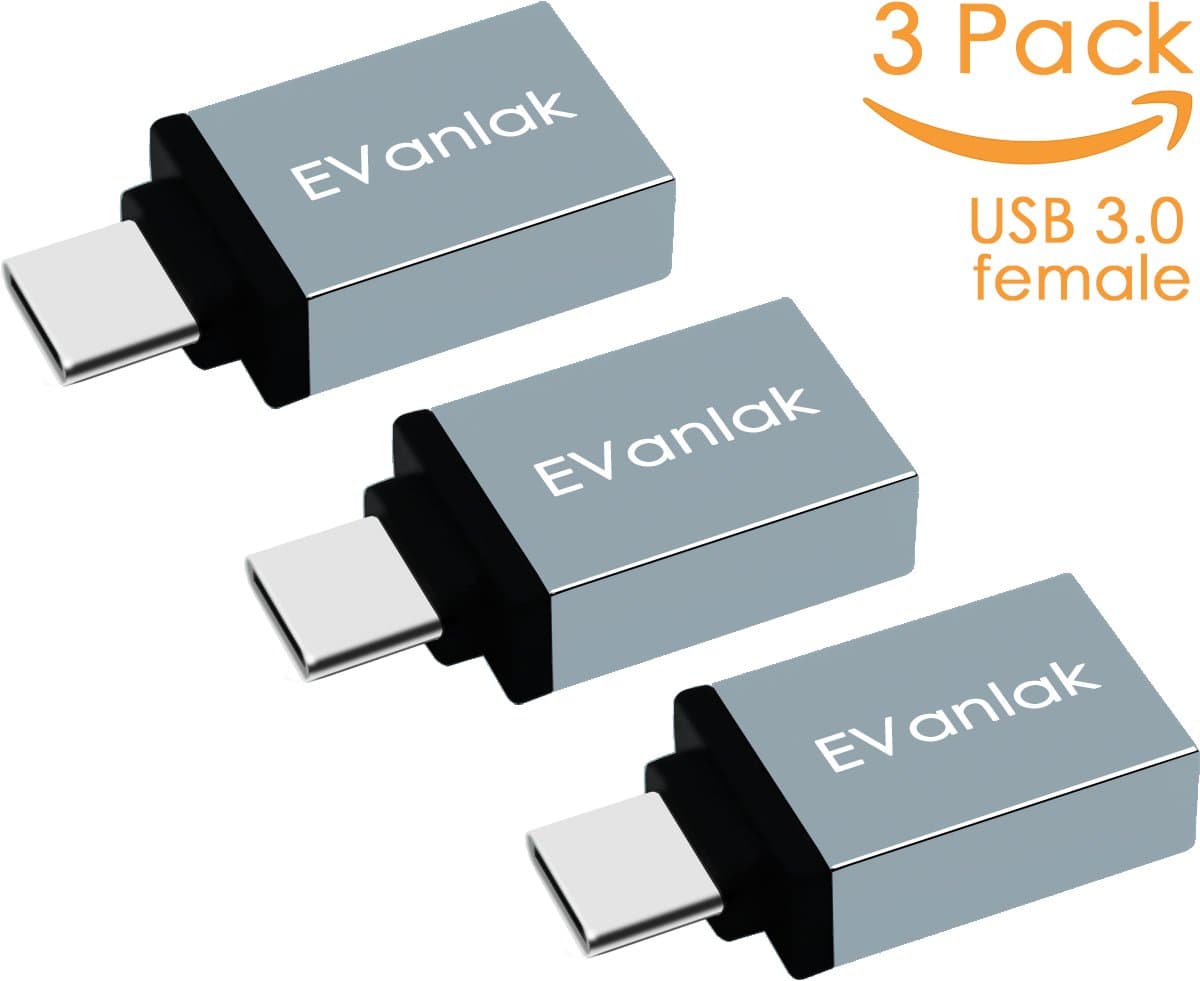 USB Type C Adapter 3 Pack, EVanlak USB 3.0 A to C Adapter for Galaxy S8 S8+, MacBook Pro 2016, Nintendo Switch, Sony XZ, LG G5, Pixel, Nexus 6P 5X and More (Grey -3 Pack)
