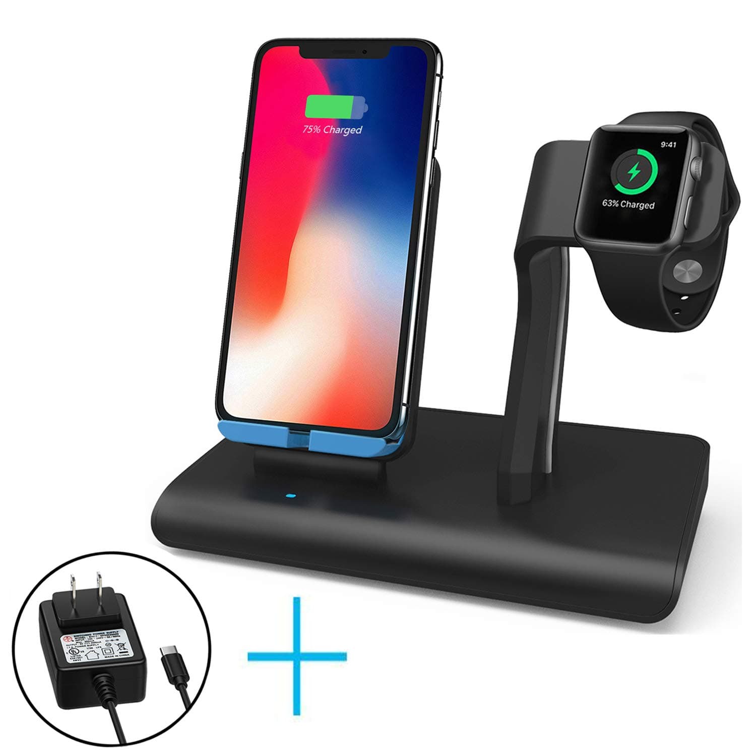 Charger Stand For Apple Watch Wireless Charging Dock For iPhone X Station Holder, Support iPhone XS Max/XR/X/8 Plus & S9 Plus/Note 8, Support Apple Watch All Series (UL Certified 2A Adapter Include)