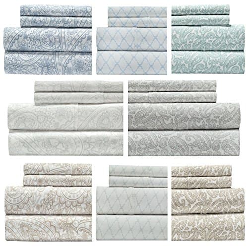 Paisley Print Bedding Sheet Set, 300 Thread Count 100% Cotton Printed Bed Sheet, Hotel Quality 4-Piece King sheet set, 15 inch Elastic Deep Pocket Fitted Sheet -by Weavely, King - Lance Paisley Grey