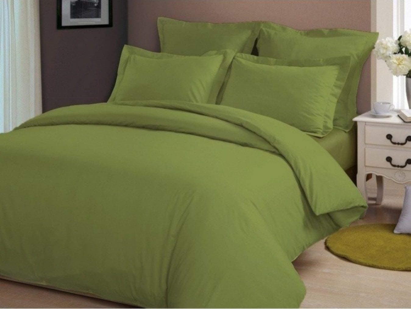 US Bedding, 5 Piece Organic Cotton Bedding Set,(Flat Sheet + Fitted 20'' + Duvet/Comforter Cover + 2 Pillowcases), 1000 TC, Luxurious & Comfortable, 100% Hand Picked Cotton Sheets, Olive, King