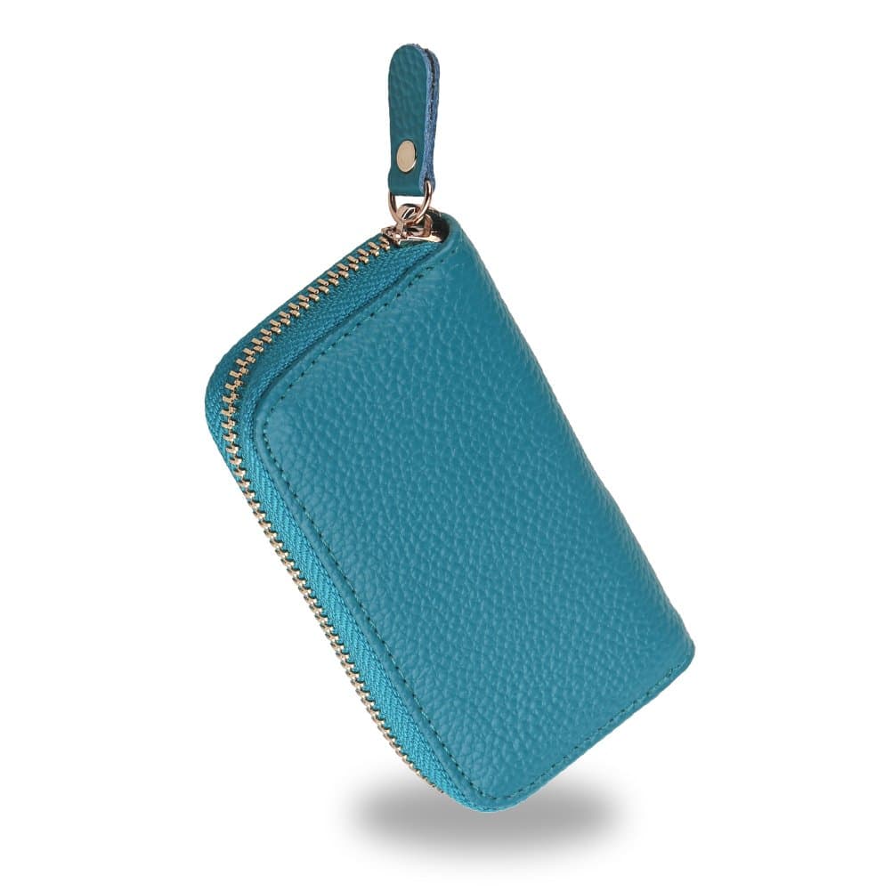 Leather Car Key Keychain Bag Case With 6 Key Hook Zippered Cover Coin Credit Card Holder Pocket Wallet Portable (Blue)