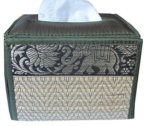 Rectangular Handmade Thai Woven Straw Reed Tissue Box Cover with Gold Silk Elephant Design