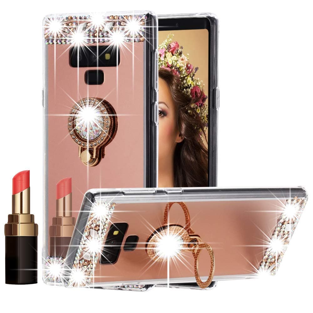Galaxy Note 9 Case Mirror, Miniko(TM) 3D Luxury Bling Glitter Diamond Crystal Ring Holder Stand Kickstand Mirror Phone Case Cover for Samsung Galaxy Note 9 Rose Gold Pink