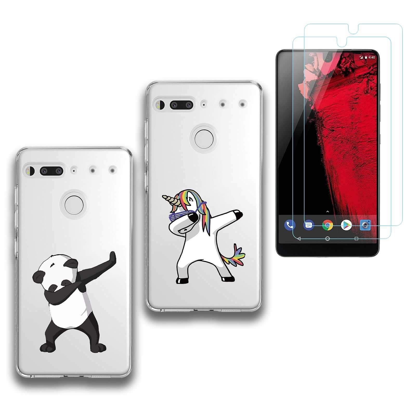 2 X Essential Phone PH-1 Case,Panda + Unicorn Soft Silicone TPU Protective Case Cover For Essential Phone PH-1 (5,71") with TWO tempered glass screen protector