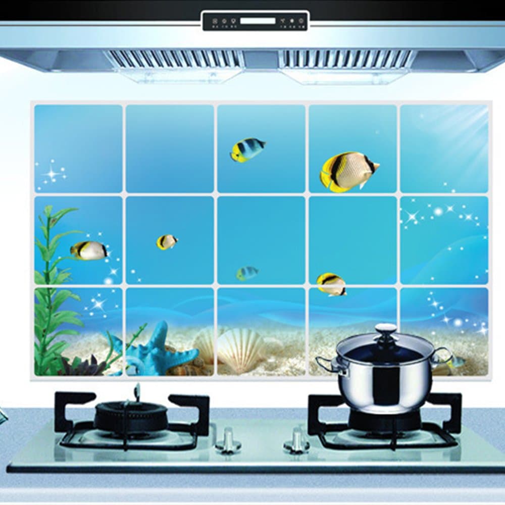 Kaimao DIY Underwater World Pattern Backsplash Oil Proof Wall Sticker Art Decal Murals Removable Wallpapers for Kitchen