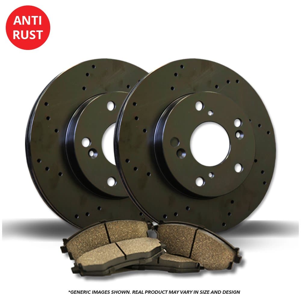 (Front Kit)(High-End) 2 Black Coated Cross-Drilled Disc Brake Rotors + 4 Ceramic Pads(Lancer)(4lug)