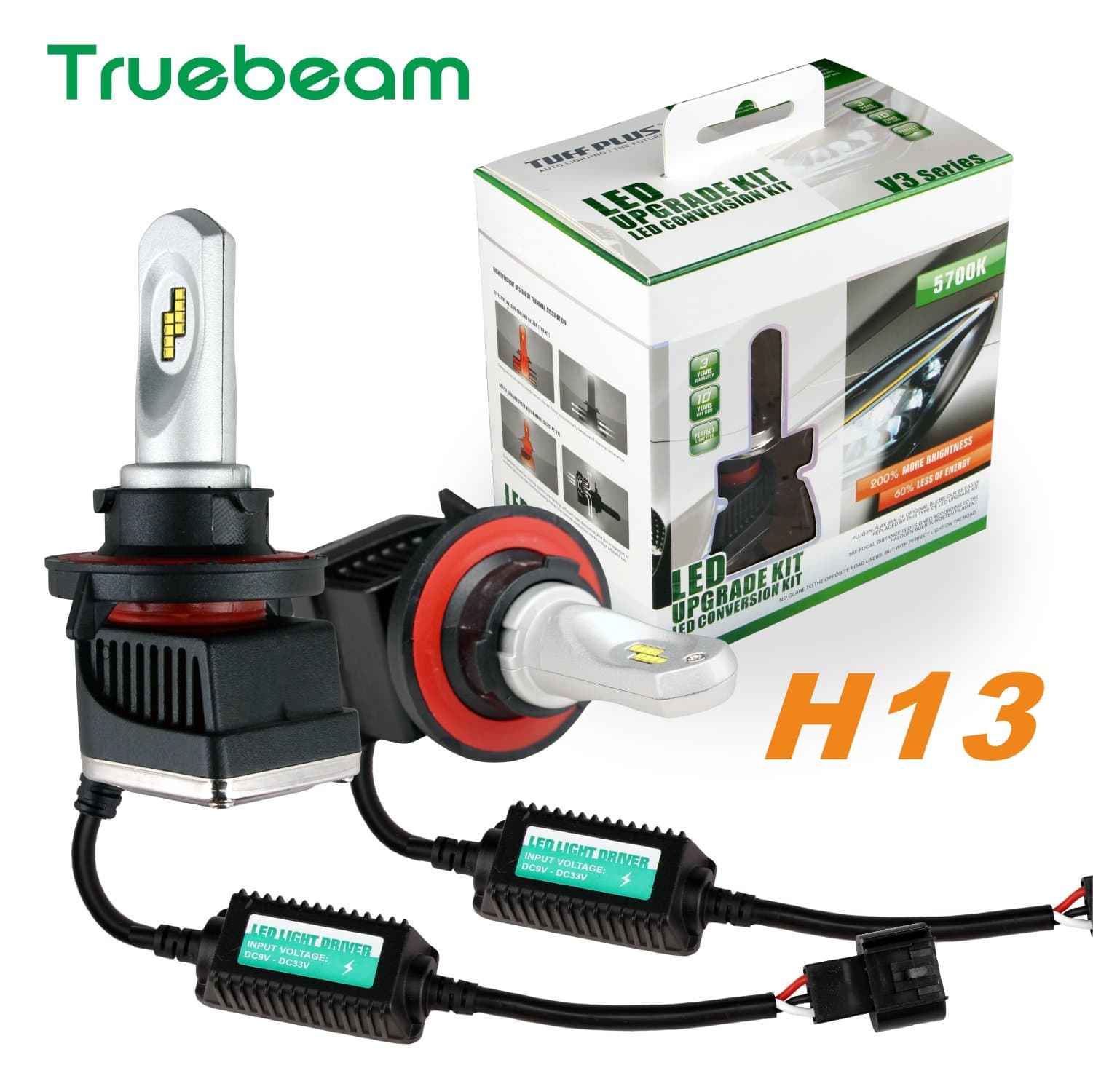 2*Truebeam H13 Led Car Headlight Bulbs 5700K Conversion Kit with Philips Led Bright White Light HI/LOW Beam 55W 5300LM [Energy Class A+++]