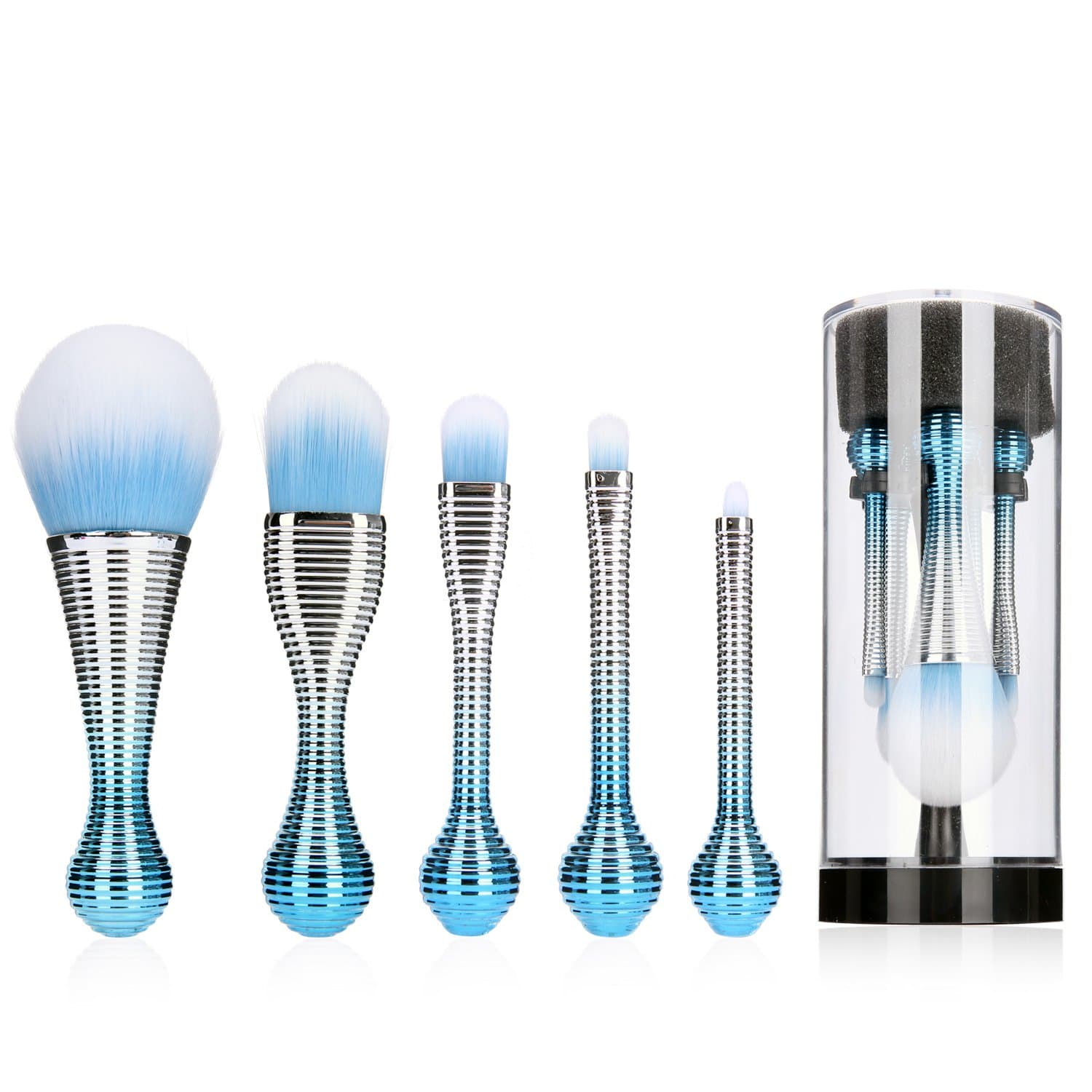 Lolippop Makeup Brushes Set, 5pcs Professional Tiny Face Brush with Holder for Cosmetics Foundation Eye Shadow Lip Brushes in Portable Travel Case with Bracket for Easy Hang & Dry-Lollipop Brushes-Blue