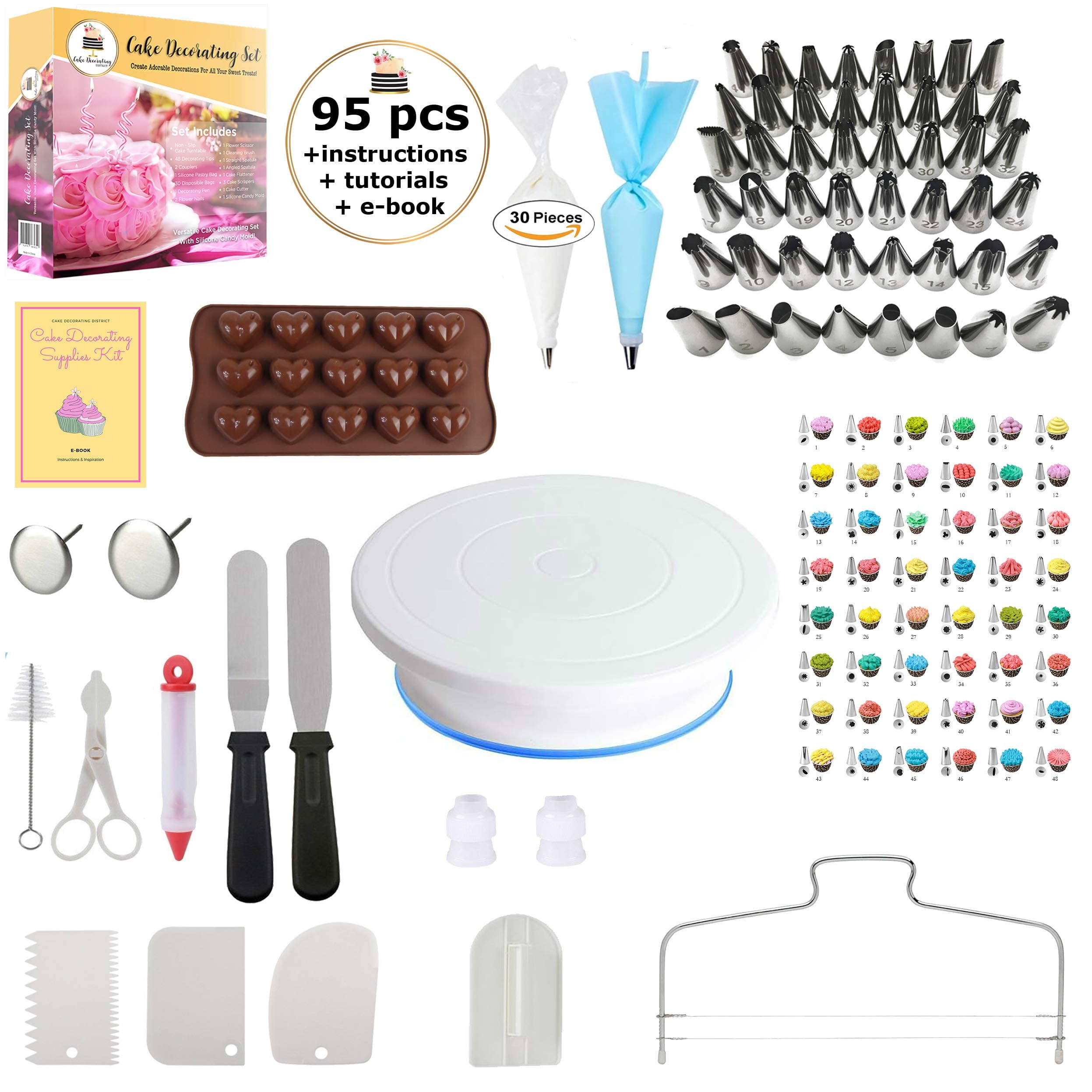 95 pcs Cake Decorating Supplies Kit by Cake Decorating District - includes 48 Icing Tips - Silicone Pastry Bag and Disposable Bags - Spatula Scraper Cutter - Turntable - Silicone Chocolate Candy Mold