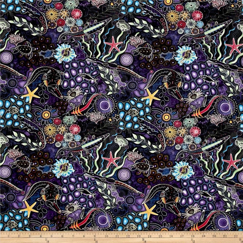 Oasis Fabrics Down Under Aboriginal Tossed Sea Creatures, Purple/Multicolor