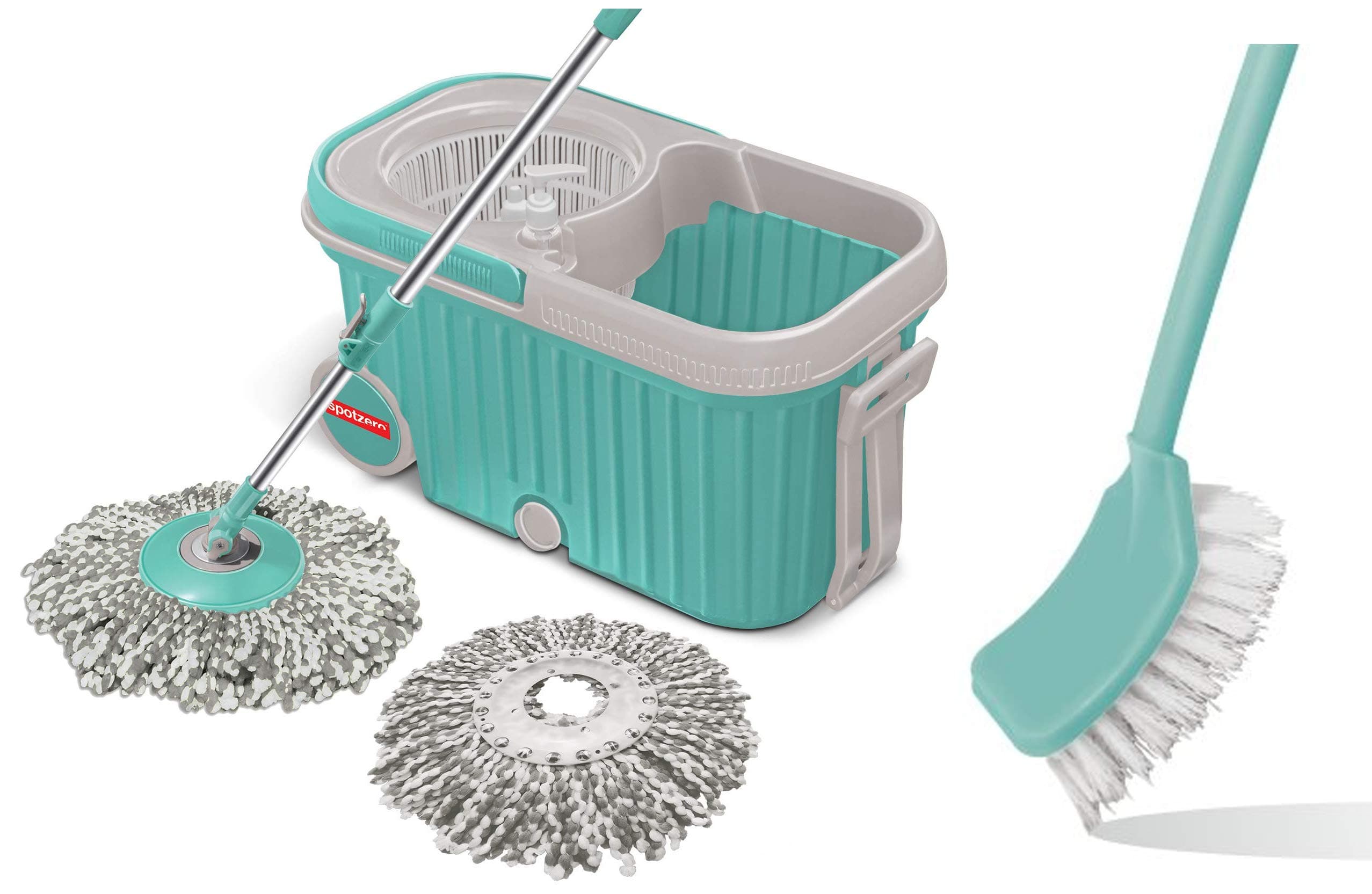 Spotzero by Milton E-Elite Spin Mop with Bigger Wheels and Plastic Auto Fold Handle for 360 Degree C & Single Side Bristle Toilet Plastic Brush (Aqual Green) Combo