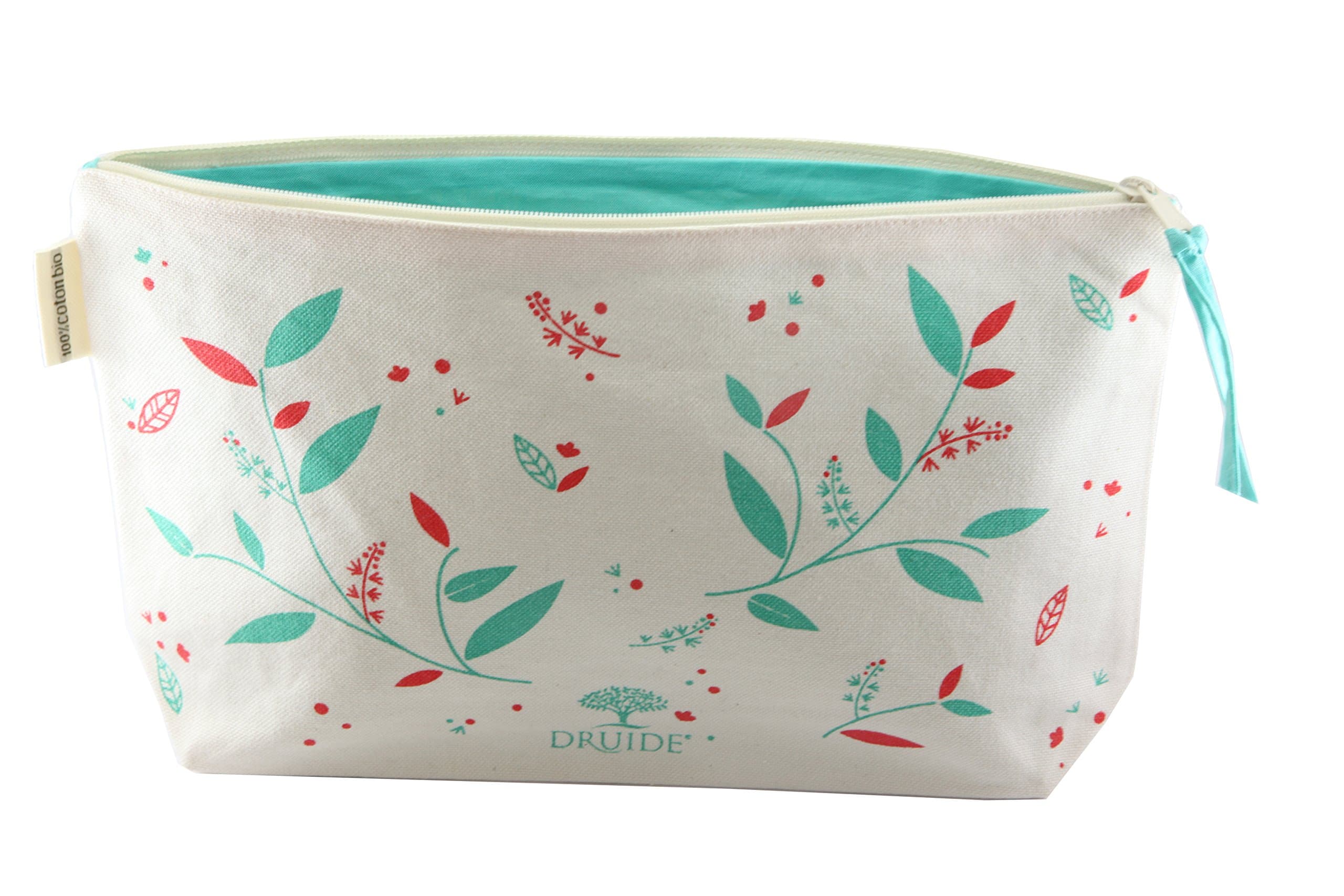 Toiletry Bag in Organic Cotton by Druide, Tea Tree Pattern, Cute Makeup Organizer or Cosmetics Pouch for Travel or Bathroom Storage, Quality and Eco-Friendly Wash Bag, Limited Edition French Designer.