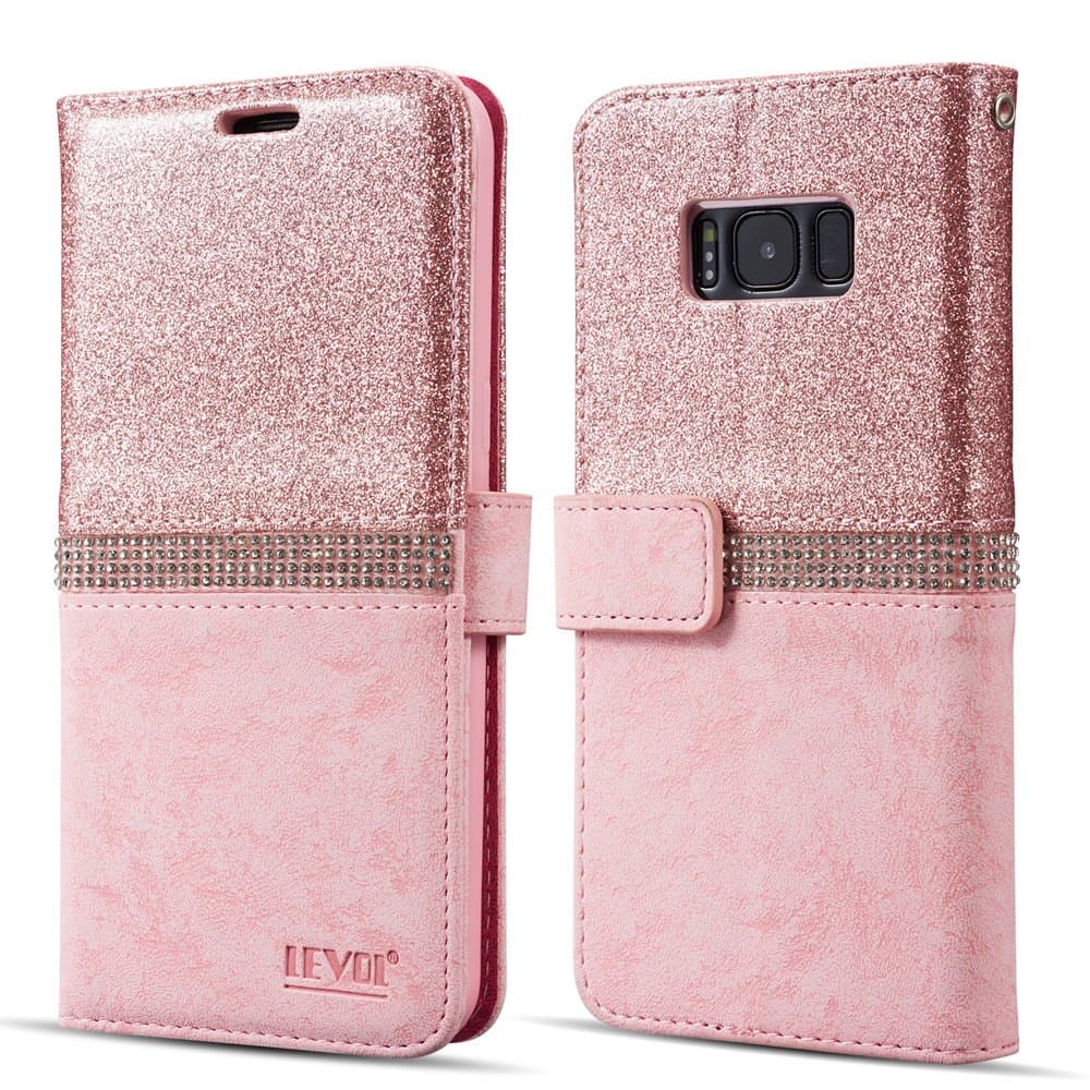 LEVOL Glitter Case for Samsung Galaxy S9 Plus,Bling Diamond Folio Leather Wallet with [Kickstand] [Card Slots] [Magnetic Closure] Flip Slim Case for Samsung Galaxy S9 Plus [Rose Gold]