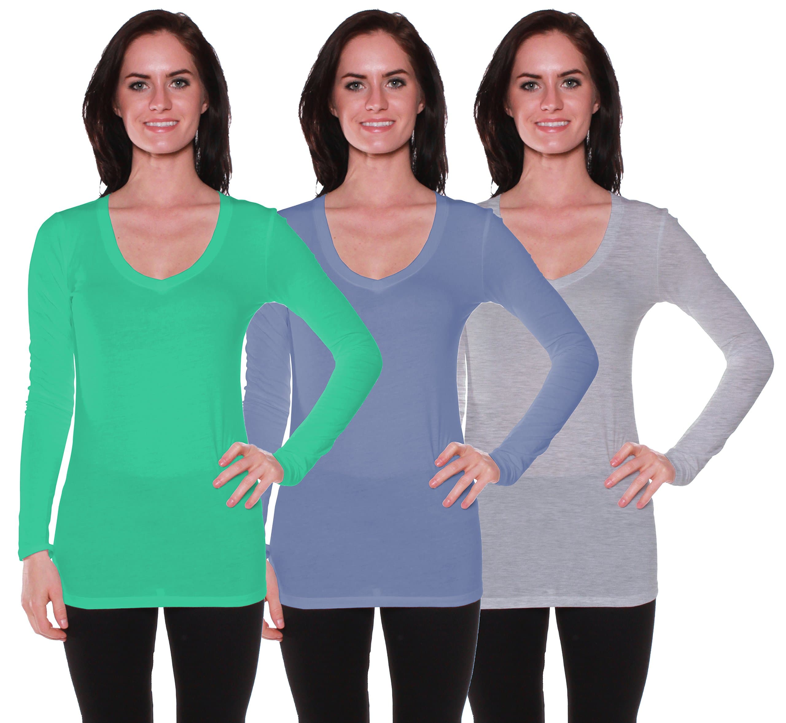 ACTIVE BASIC Womens Long Sleeve V-Neck T Shirts Value Pack