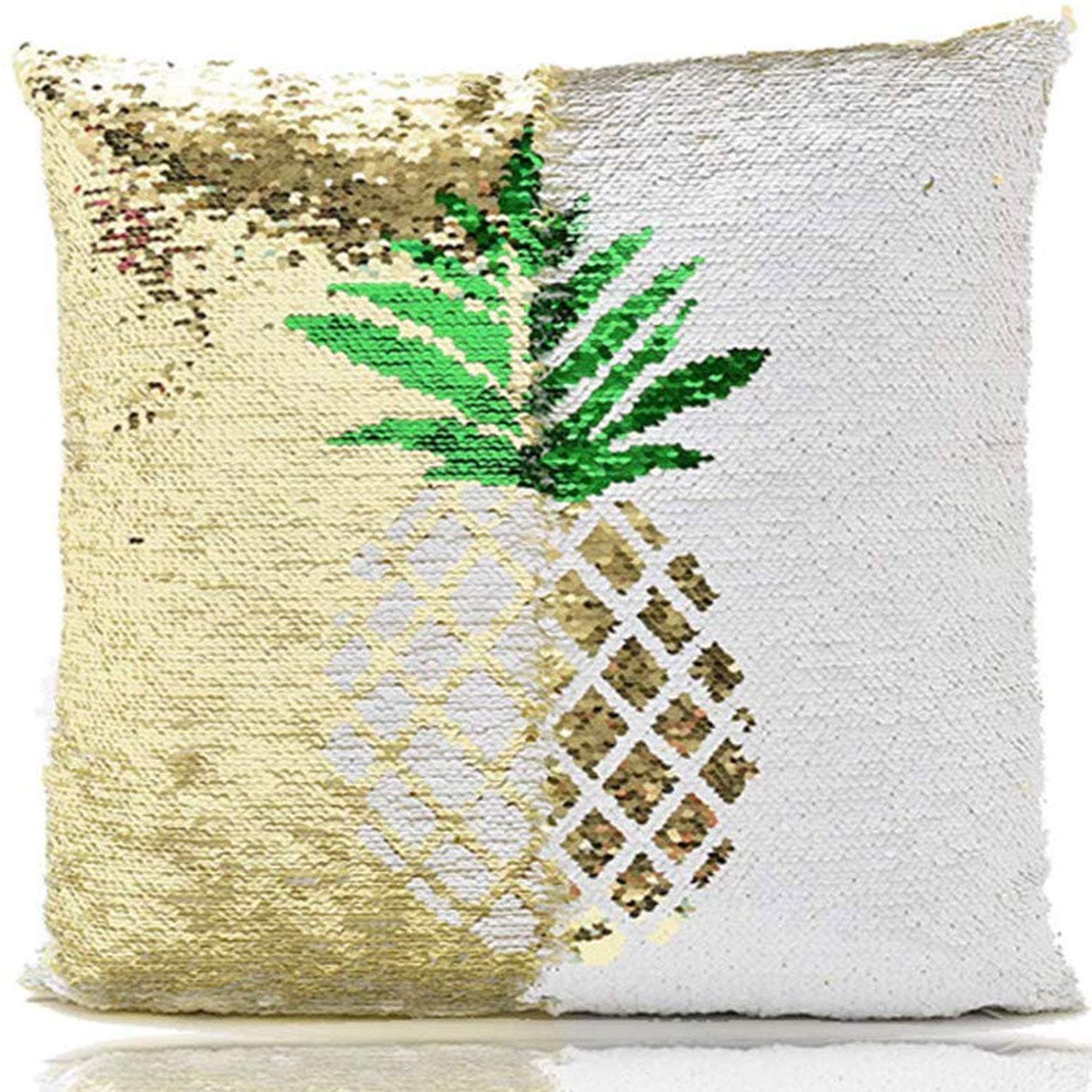 Fivebop Funny Two-Color Decorative Pillow Case Square Paillette Throw Mermaid Sequins Cushion Covers 16 X 16 for Home Decor Party/Sofa/Bed (Pineapple)