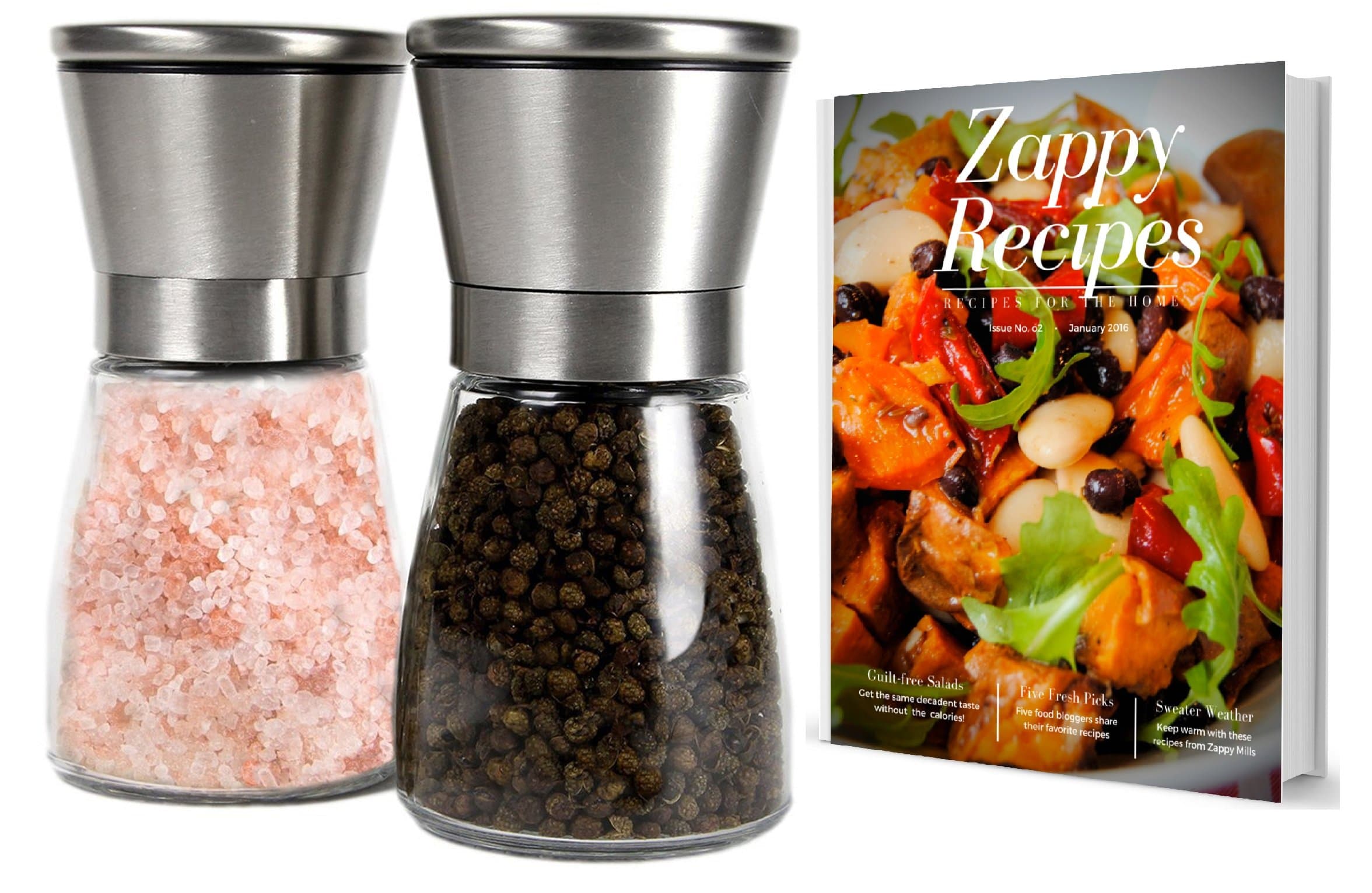 Salt and Pepper Shakers Grinders Mill Set - Pair with Adjustable Coarseness and Glass Body Jar - Manual Adjustable Ceramic Rotor + FREE Recipe E-books!