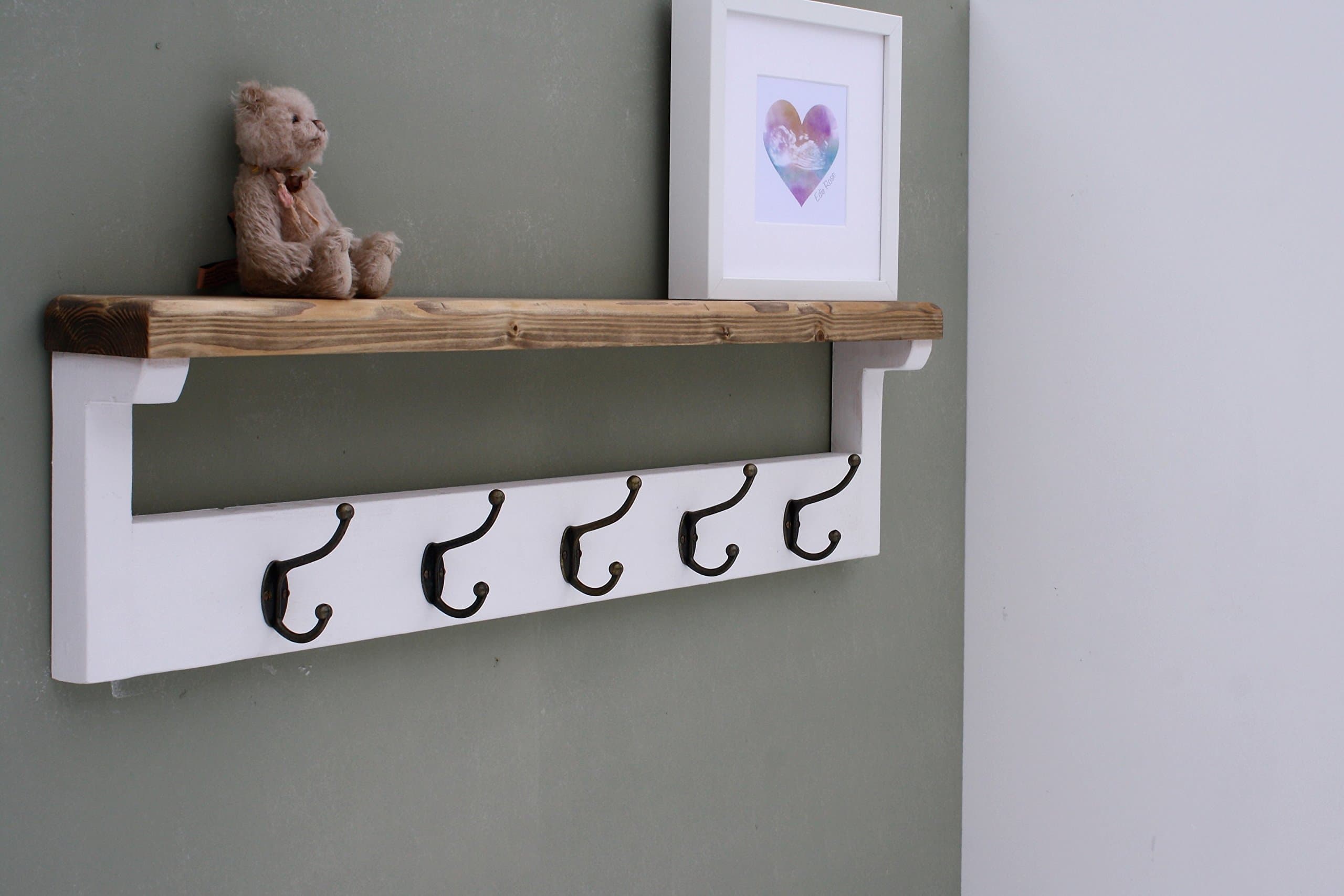 Shabby Chic Wooden Coat Rack With Shelf Solid Vintage Rustic Antique Cast Hooks Starting at £22.00 (6 Hooks - 106cm)