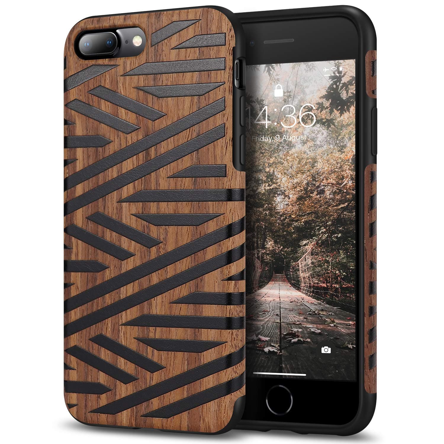 Tasikar Compatible with iPhone 7 Plus Case/iPhone 8 Plus Case Easy Grip with Wood Grain Design Slim Hybrid Case (Leather & Wood)