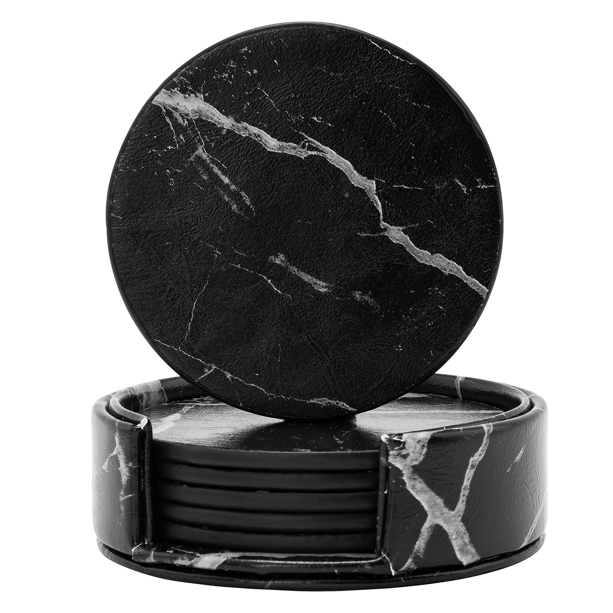 Coasters For Drinks. Drink Coasters - Round Coasters for Drinks with Holder Set. Coasters for Drinks Comes in Various Colours. Premium PU Leather Coaster Sets. Beber Posavasos. Posavasos Para Bebidas.