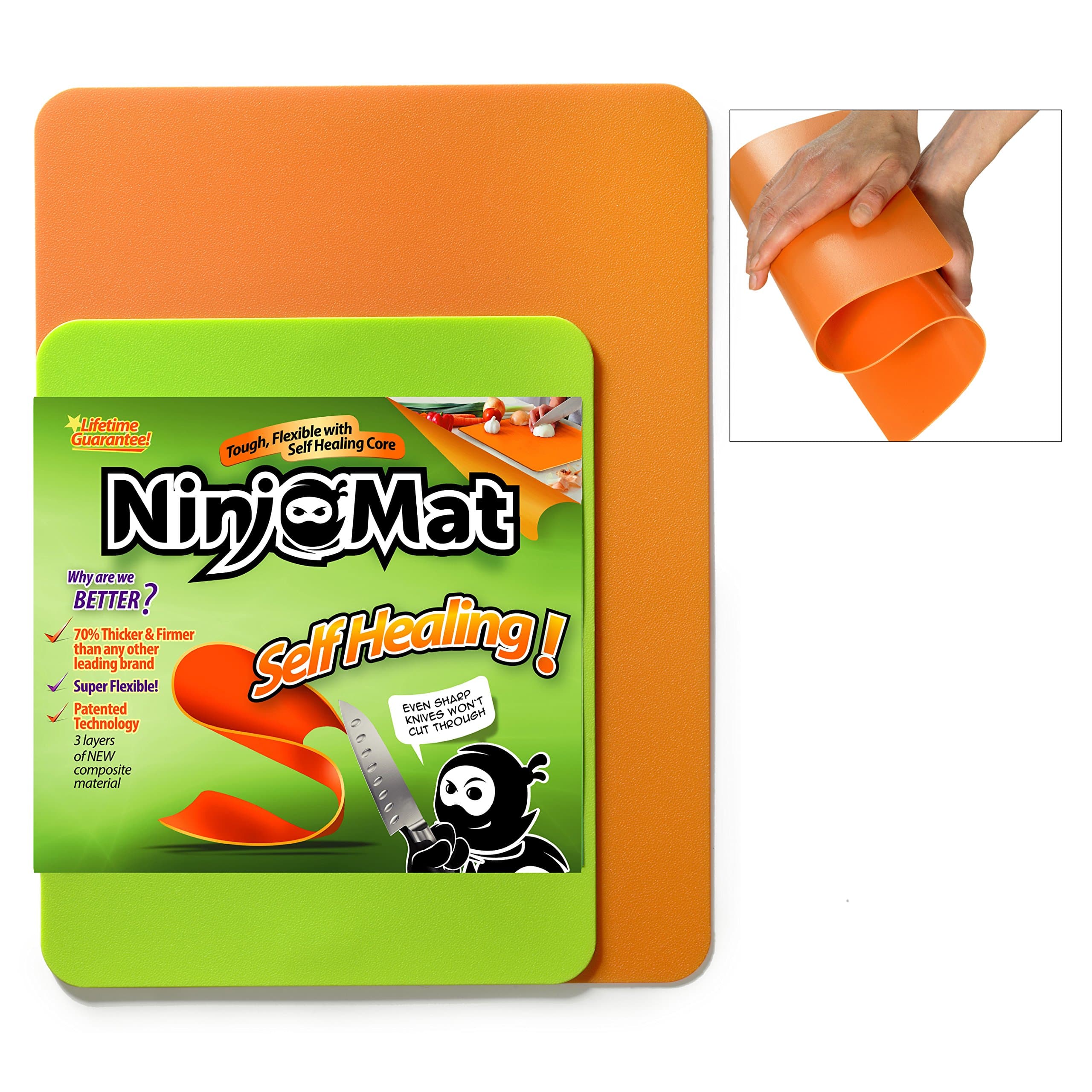 Ninjamat Self Healing Flexible Cutting Board. Eco Friendly Kitchen Cutting Mat. 3 Layers. Durable. Even The Toughest Knives Won't Cut Through.