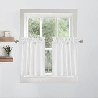 RYB HOME Short Cafe Curtains Faux Linen Blended Light Filtering Privacy Protect Small Window Treatment for Living Room Bathroom, Rod Pocket, White, 2 Panels, W 26 x L 24 inch