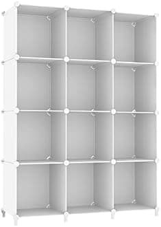 AWTATOS Cube Modular Organizer 12 Cube Bookshelf DIY Plastic Closet Clothes Shelves with Wooden Mallet, Stackable Storage Solution for Home, Office, Bedroom, White