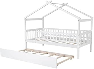Bellemave House Bed with Trundle and Fence, Twin Size Montessori Style Beds with Railings, Wooden Playhouse Bed Frame for Kids Girls Boys, White