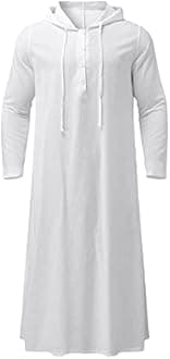Muslim Hooded Kaftans for Men Linen Robe Long Sleeve Button Down Long Gown Drawstring Shirts Thobe with Pockets