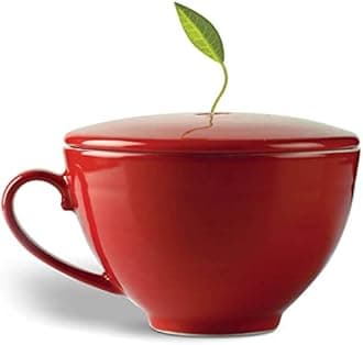 Tea Forte Cafe Cup Porcelain 8 oz. Tea Cup and Lid, Custom Cover Keeps Tea Hot While Steeping - Ruby Red