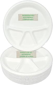 4 COMPARTMENT STRONG DISPOSABLE PLATES for LUNCH & DINNER PARTY, 11"/28cm Size, PACK OF 25, USED FOR HOT & COLD FOODS, Biodegradable Disposable Dishes for Household Parties, Birthday Party Plates
