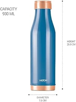 MILTON Copper Charge Water Bottle, 930 ml, Dark Blue | Lacquer Coating, Curved bottle | Diwali | Festive | Gifting | Yoga | Home | Kitchen | Vedic