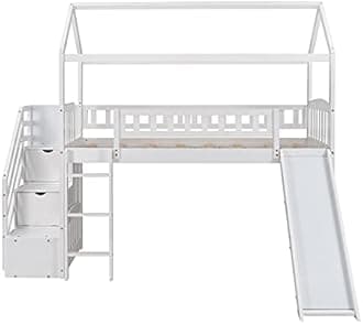 Actual Wood Twin Loft Bed with Slide for Kids, House Loft Bed with Pitched RoofGuardrails3 StairsLadder2 Storage Drawers.X (White+Wood+Twin LOFT Bed)