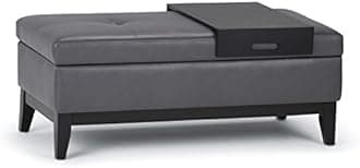 SIMPLIHOME Oregon Storage Ottoman Bench with Tray - 42 inch Wide Upholstered Vegan Leather Rectangle Storage Ottoman Bench in Stone Grey, Transitional Tufted Ottoman for Living Room with Lift-Up Lid