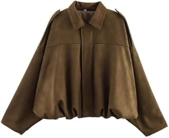 Xunger Women's Faux Suede Bomber Jacket Spring Lapel Pilot Coat Casual Oversized Long Sleeves Trendy Streetwear Outerwear