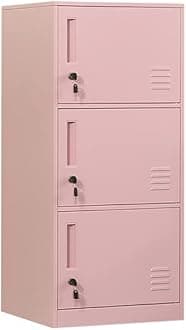 3 Door Metal Vertical Storage Locker for Kids Bedroom, Children Room, School, Office, Home,Stackable Steel Storage Cabinet for Toys, Clothes & Sports Equipment,Anti-Tilting Device. (3D, Pink)