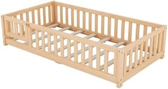 Favfurish Twin Size Wood Floor Bed with Safety Guardrails and Switched Door,Bedroom Furniture for Kids,Boys & Girls,Natural