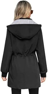 Bloggerlove Women's Raincoat Striped Lined Waterproof Windbreaker Active Outdoor Hooded Trench Coats