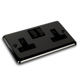 Volex Black Nickel Double Twin Plug Socket with Rounded Edge and Black Inserts