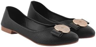 Shoetopia Women's Ballet Flats – Textured Slip-On Bellies with Decorative Bow & Gold Button | Elegant Casual & Office