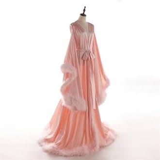 Daily Life Mall Women's Feather Bridal Robes Old Hollywood Maternity Photoshoot Nightgown Silk Bathrobe Long Lingerie