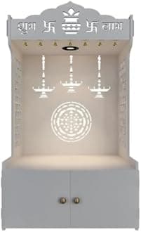 Timeless Wooden Templ/Mandir for Home with Spacious Shelf Inbuilt Focus Light I White Wooden Finish I Height 109 CM