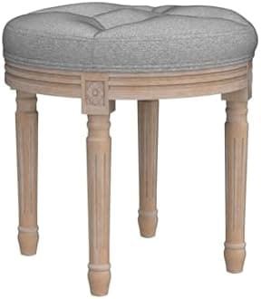 VONLUCE Ottoman Vanity Stool, French Vintage Small Ottoman Stool with Cushion and Wood Frame, 18" Round Tufted Upholstered Stool for Living Room Dining Room Entryway, Makeup Foot Stool Foot Rest, Gray