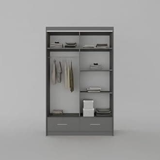 MN Furniture Derry High Gloss & Mirror Sliding Doors Wardrobe with Long Led Light and Bottom Drawers (Grey, 150cm)