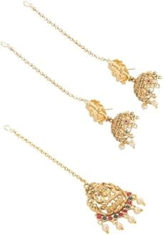 Yellow Chimes Jewellery Set for Women Gold Plated Traditional Temple Jewelry Set Antique Necklace Set with Earrings and Maangtikka for Women and Girls