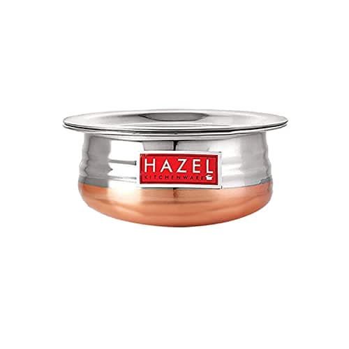 HAZEL Stainless Steel Kitchen Set with Lid | Copper Bottom Serving Bowl Set of 3, 800 ml, 1200 ml, 1600 ml with I Stainless Steel Vessels Tasra Kadai, Silver and Copper