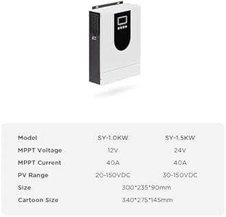 MPPT All-in-On Hybrid Solar Inverter (On/Off Grid) + Smart App Control, 3 Indicator Lights (Battery/Utility/PV), 40-160A Controller, 12-48V DC to 220V AC,DC12V-1.0KW